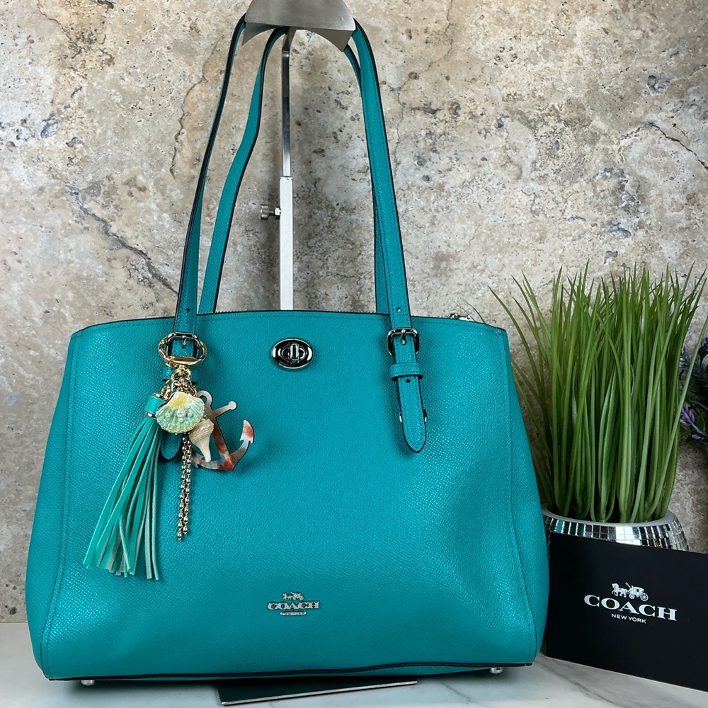 Coach Turnlock Carryall 29 Aqua Blue Teal Leather Shoulder Crossbody Satchel Bag - Picture 2 of 15